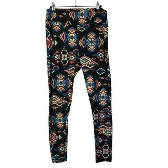 Lularoe Tall & Curvy Black Blue & Peach Geometric Printed Leggings OS - Picture 1 of 3